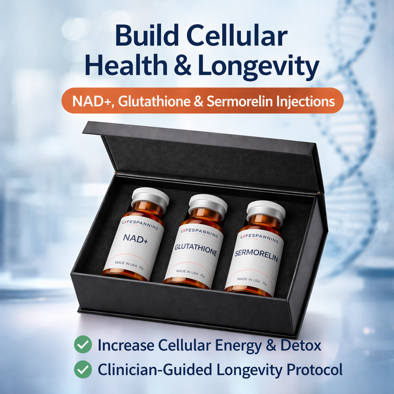  NAD+ (400-1000 mg), Glutathione (960 mg), and Sermorelin (12 mg)