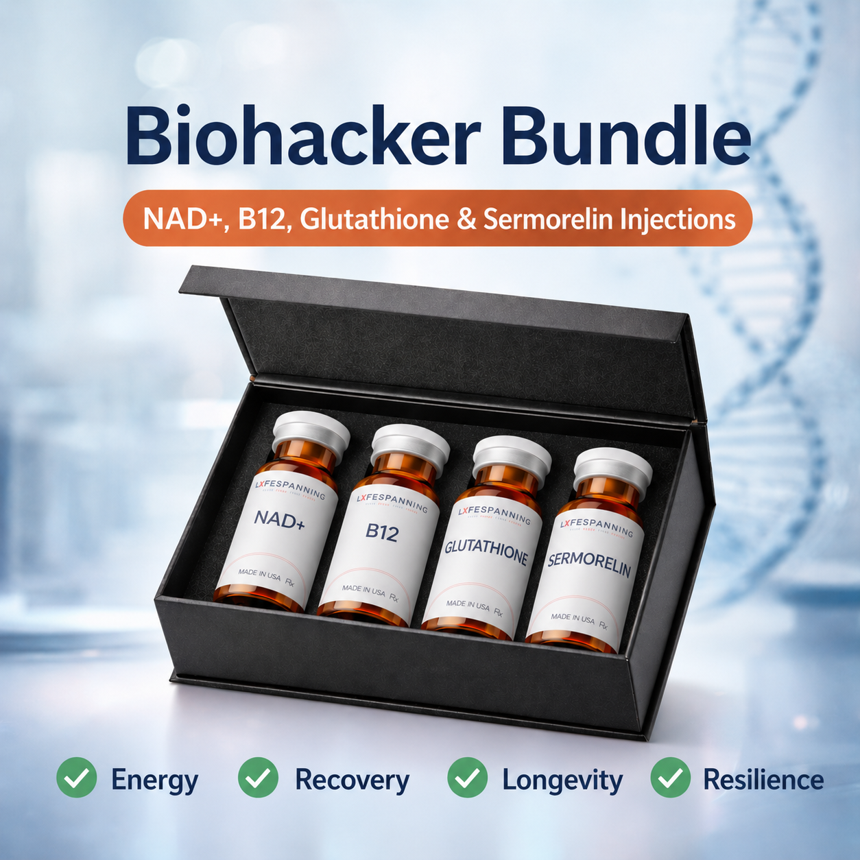 NAD+ (400-1000 mg), Glutathione (960 mg), Sermorelin (12 mg), and Vitamin B12 (10 mg)